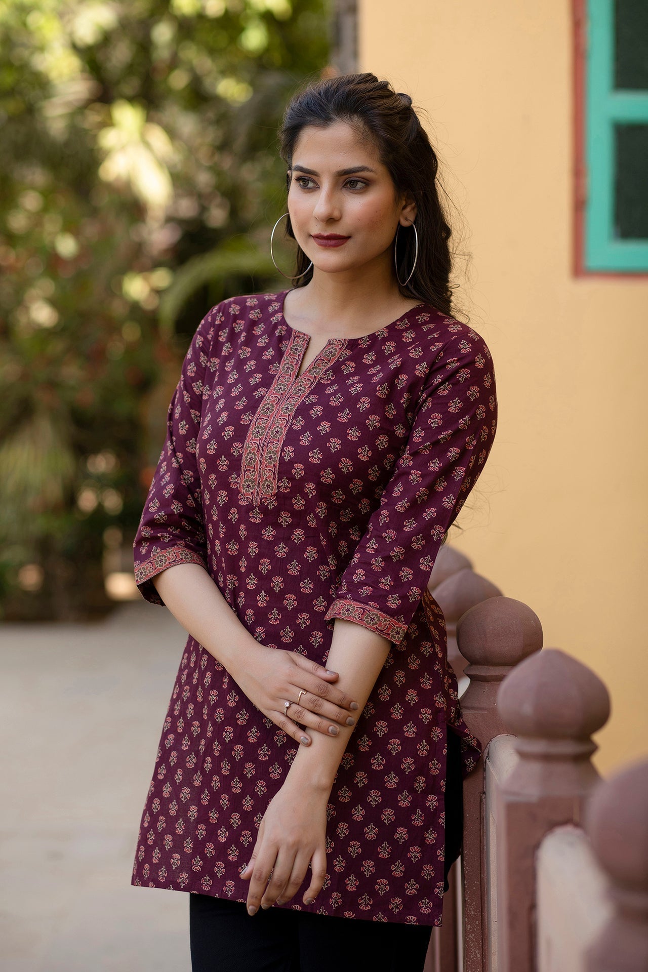 Women Burgundy Printed Tunic With Three Quarter Sleeves | LASVINI - Redefining Indian Fashion with Elegance