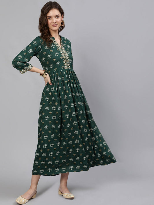 Women Green & Gold Printed Maxi Dress With Three Quarter Sleeves | LASVINI - Redefining Indian Fashion with Elegance