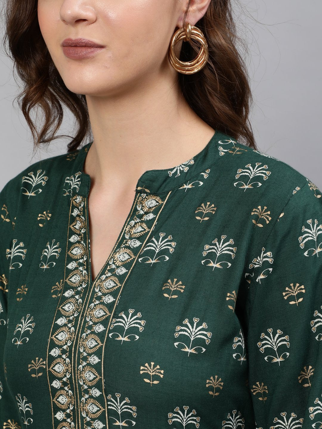 Women Green & Gold Printed Maxi Dress With Three Quarter Sleeves | LASVINI - Redefining Indian Fashion with Elegance