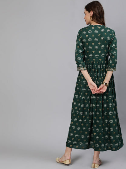 Women Green & Gold Printed Maxi Dress With Three Quarter Sleeves | LASVINI - Redefining Indian Fashion with Elegance