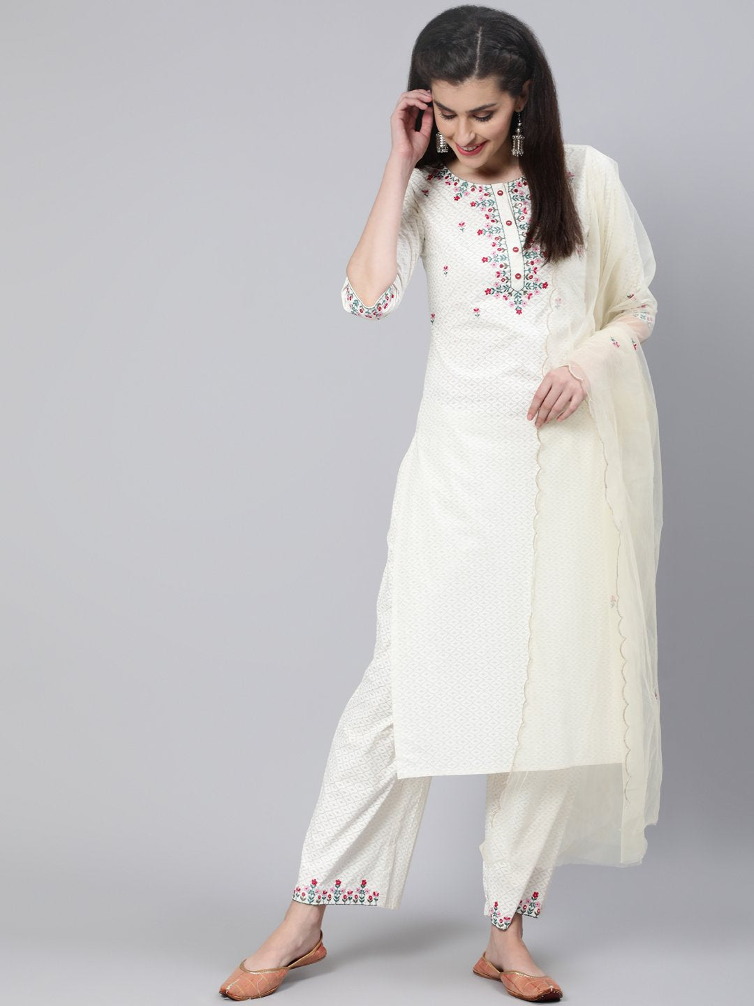 Women Cream Embroidered Straight Kurta With Plazo & Dupatta | LASVINI - Redefining Indian Fashion with Elegance