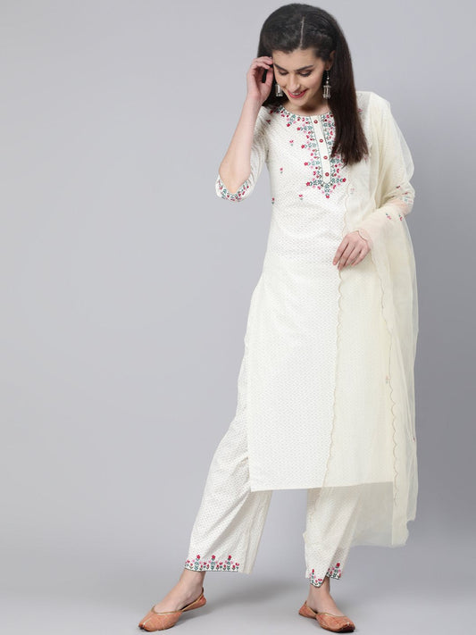 Women Cream Embroidered Straight Kurta With Plazo & Dupatta | LASVINI - Redefining Indian Fashion with Elegance