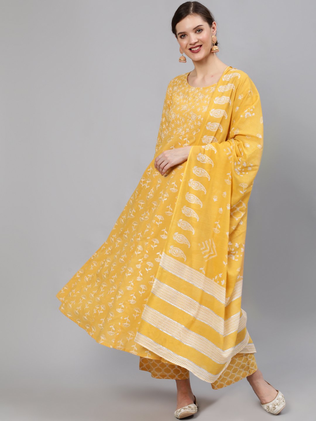 Women Yellow Printed Anarkali Kurta With Plazo & Dupatta | LASVINI - Redefining Indian Fashion with Elegance