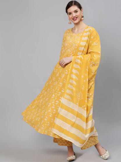 Women Yellow Printed Anarkali Kurta With Plazo & Dupatta | LASVINI - Redefining Indian Fashion with Elegance