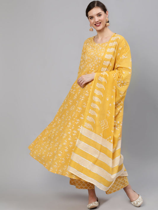 Women Yellow Printed Anarkali Kurta With Plazo & Dupatta | LASVINI - Redefining Indian Fashion with Elegance