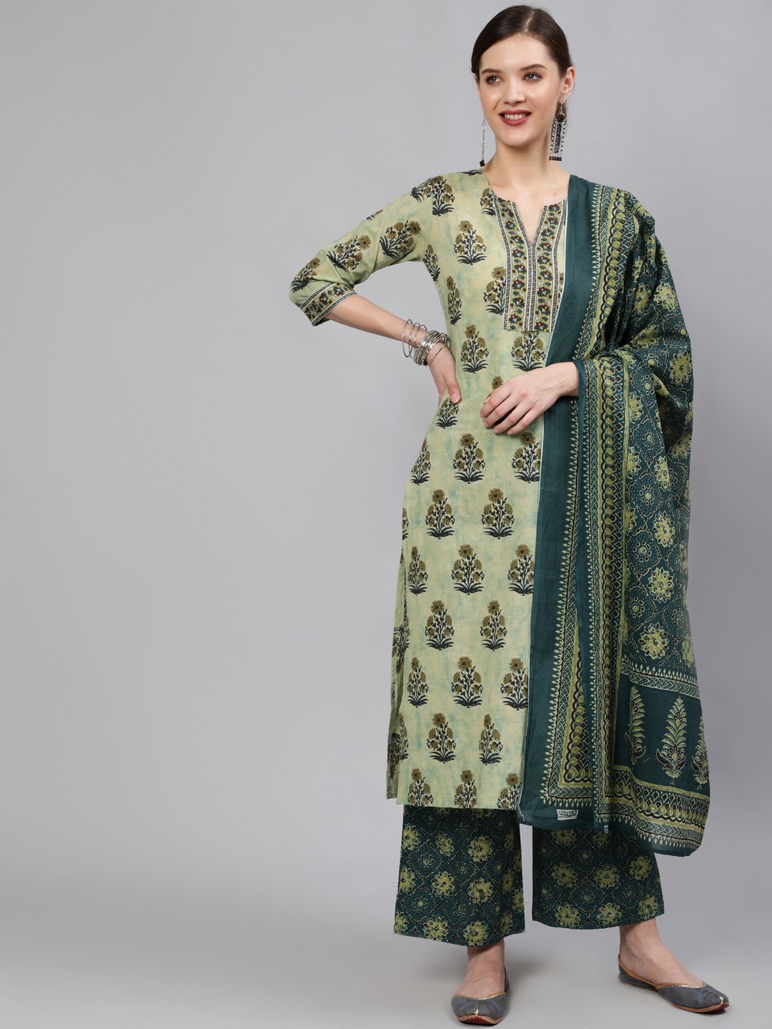 Women Green Printed Straight Kurta With Plazo & Dupatta | LASVINI - Redefining Indian Fashion with Elegance