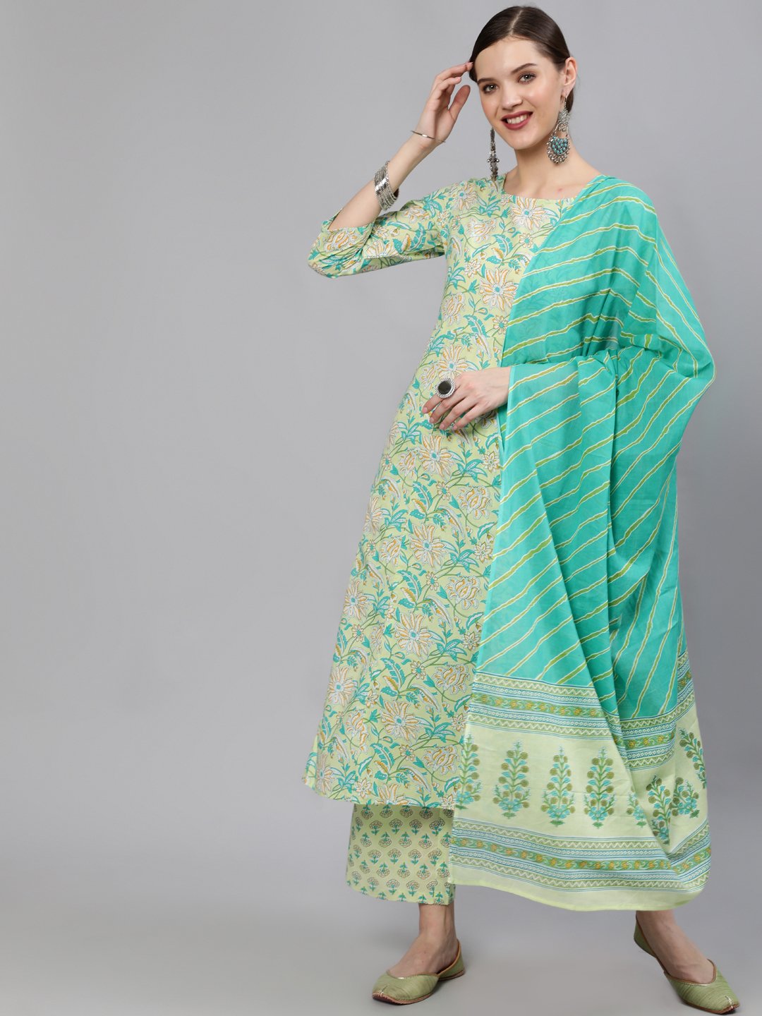 Women Green Floral Printed Straight Kurta With Plazo & Dupatta | LASVINI - Redefining Indian Fashion with Elegance