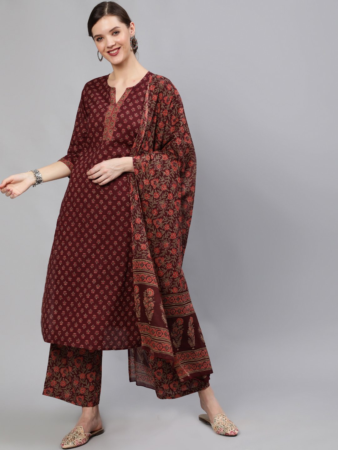 Women Wine Floral Printed Straight Kurta With Plazo & Dupatta | LASVINI - Redefining Indian Fashion with Elegance