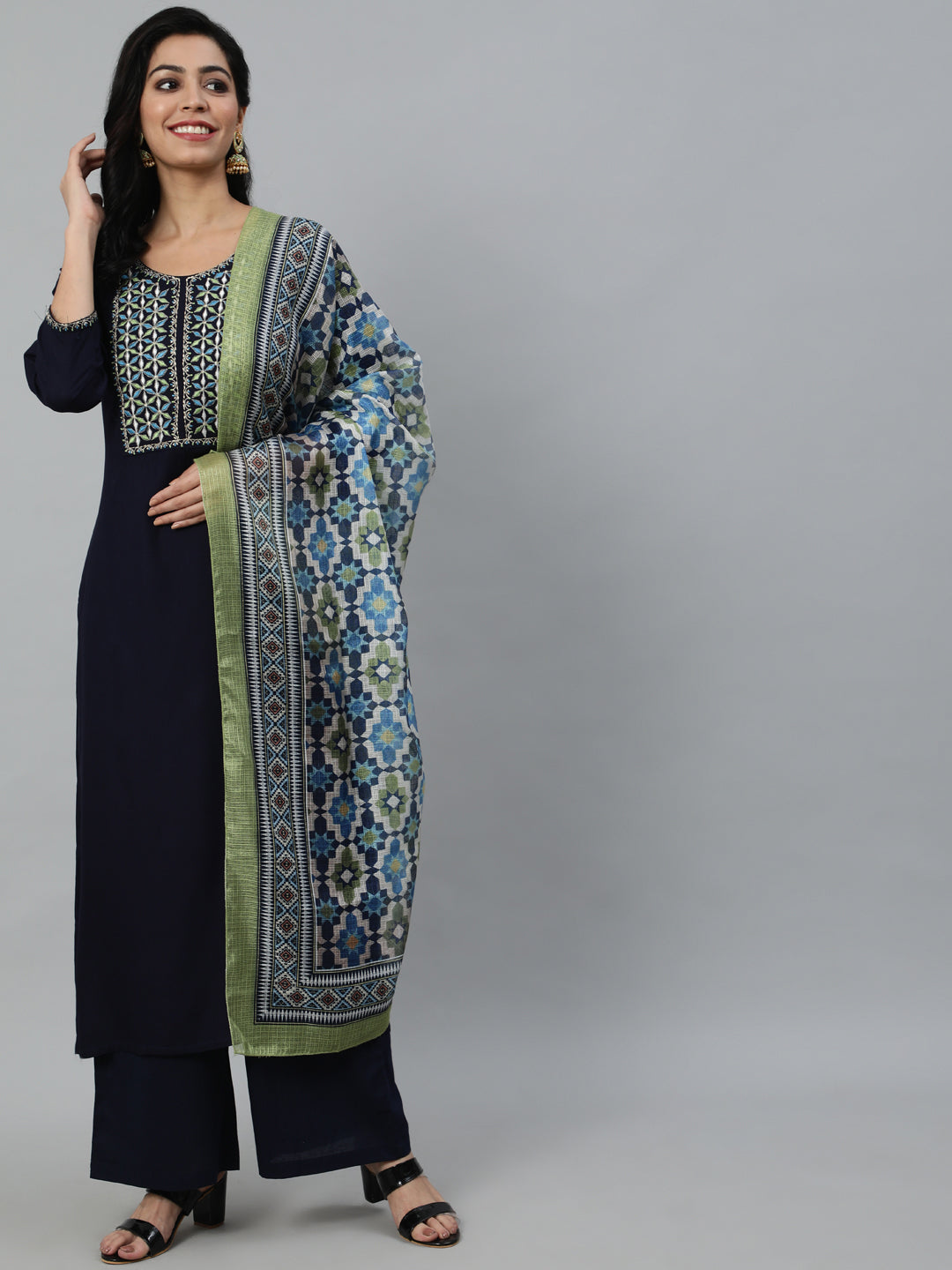 Women Navy Blue Embroidered With Plazo & Printed Dupatta | LASVINI - Redefining Indian Fashion with Elegance