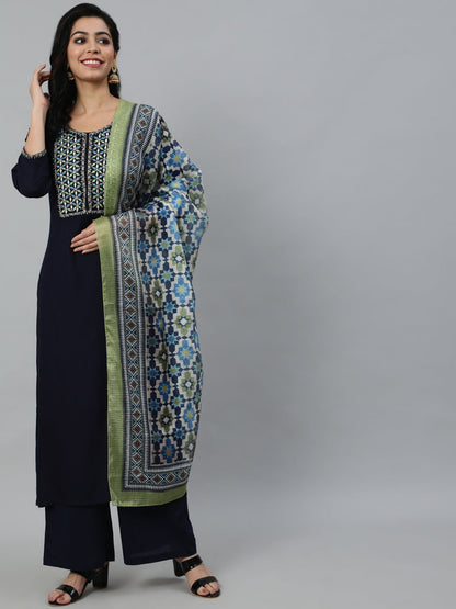 Women Navy Blue Embroidered With Plazo & Printed Dupatta | LASVINI - Redefining Indian Fashion with Elegance