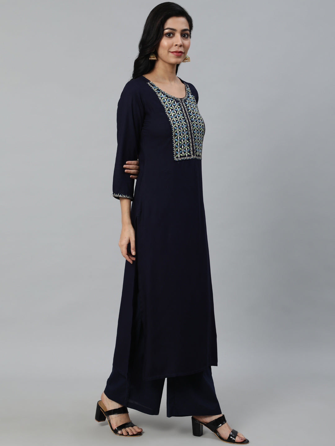 Women Navy Blue Embroidered With Plazo & Printed Dupatta | LASVINI - Redefining Indian Fashion with Elegance