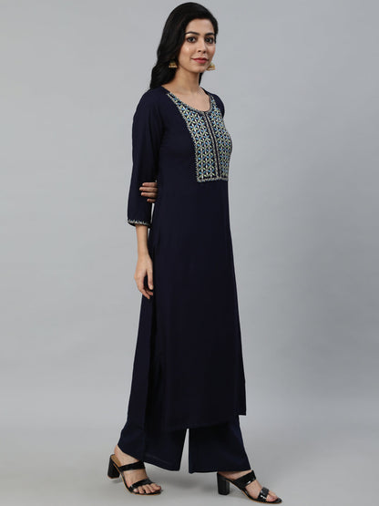 Women Navy Blue Embroidered With Plazo & Printed Dupatta | LASVINI - Redefining Indian Fashion with Elegance