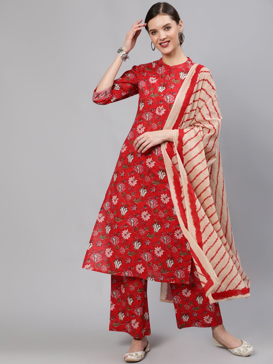 Women Red Floral Printed Straight Kurta With Plazo & Dupatta | LASVINI - Redefining Indian Fashion with Elegance