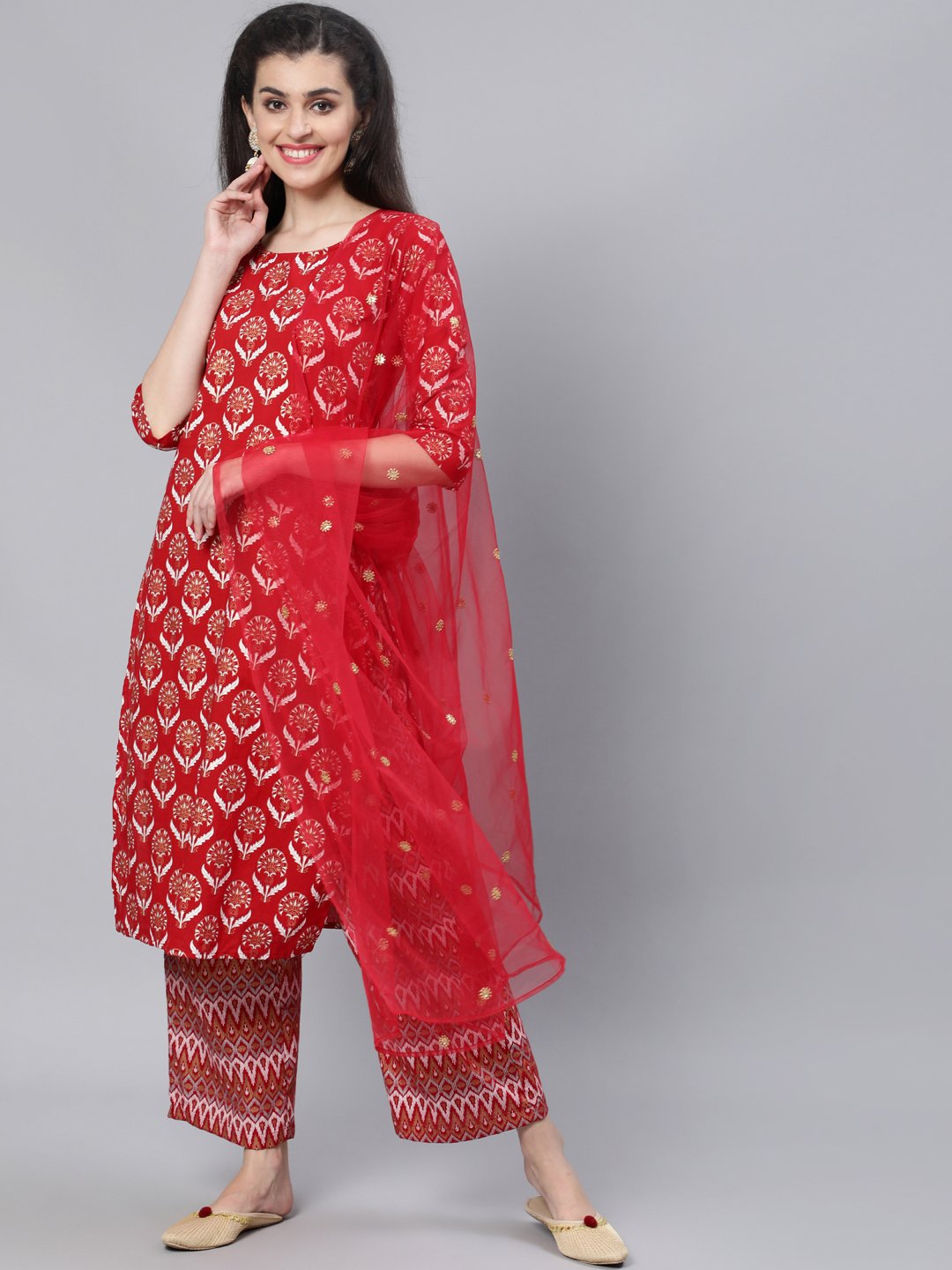 Women Red Straight Kurta With Plazo & Sequened Dupatta | LASVINI - Redefining Indian Fashion with Elegance