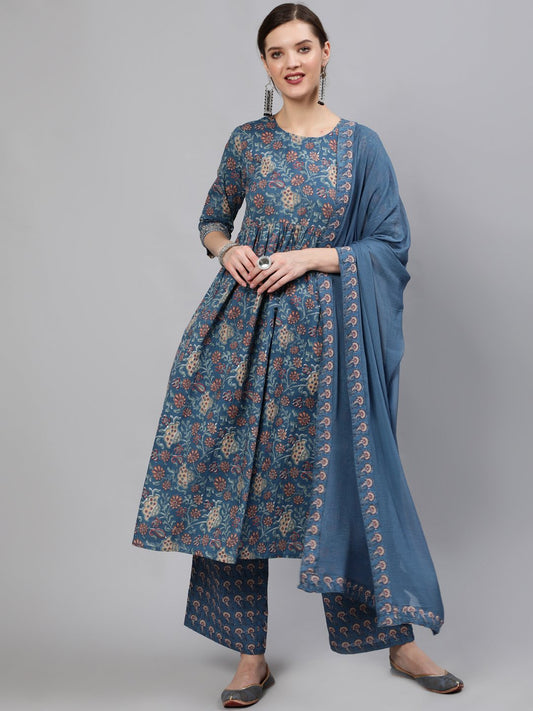 Women Blue Floral Printed Straight Kurta With Plazo & Dupatta | LASVINI - Redefining Indian Fashion with Elegance