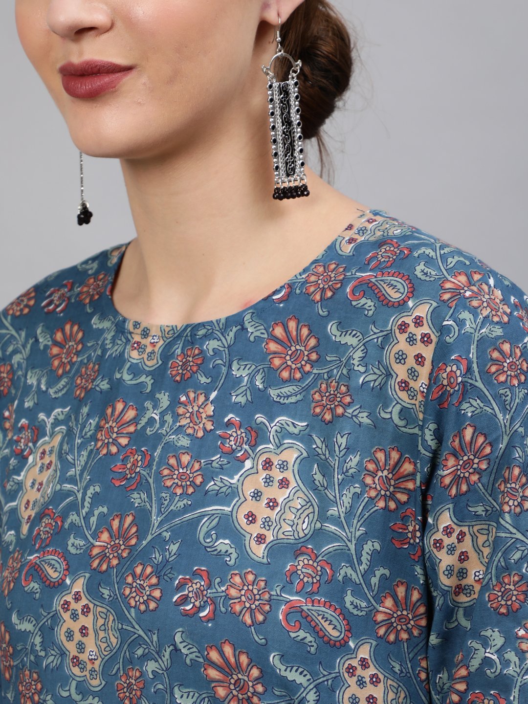 Women Blue Floral Printed Straight Kurta With Plazo & Dupatta | LASVINI - Redefining Indian Fashion with Elegance