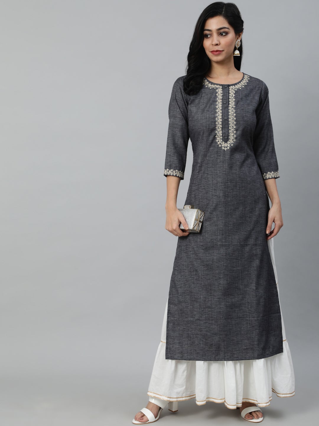 Women Grey Embroidered Straight Kurta With Three Quarter Sleeves | LASVINI - Redefining Indian Fashion with Elegance
