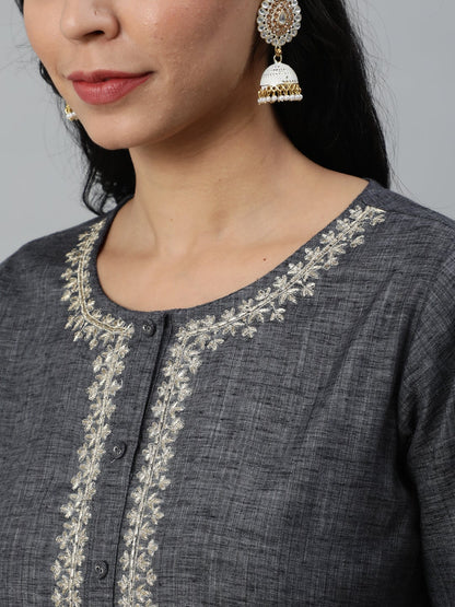 Women Grey Embroidered Straight Kurta With Three Quarter Sleeves | LASVINI - Redefining Indian Fashion with Elegance
