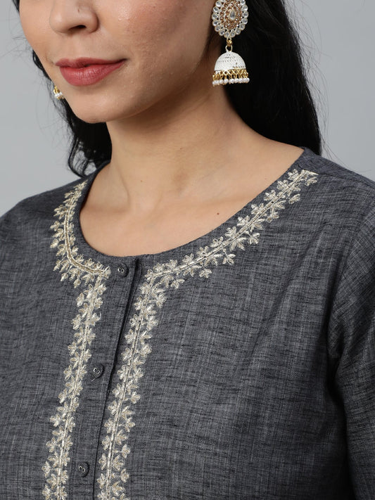 Women Grey Embroidered Straight Kurta With Three Quarter Sleeves | LASVINI - Redefining Indian Fashion with Elegance