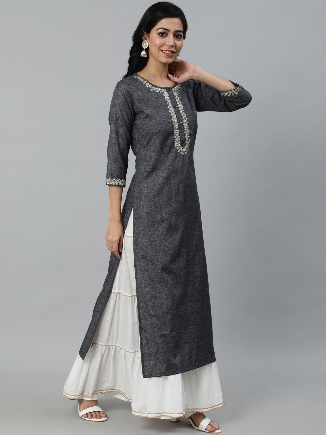 Women Grey Embroidered Straight Kurta With Three Quarter Sleeves | LASVINI - Redefining Indian Fashion with Elegance
