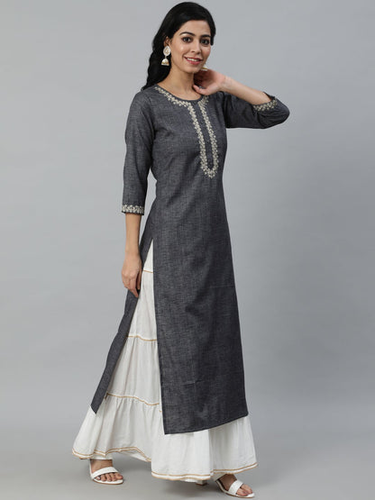 Women Grey Embroidered Straight Kurta With Three Quarter Sleeves | LASVINI - Redefining Indian Fashion with Elegance