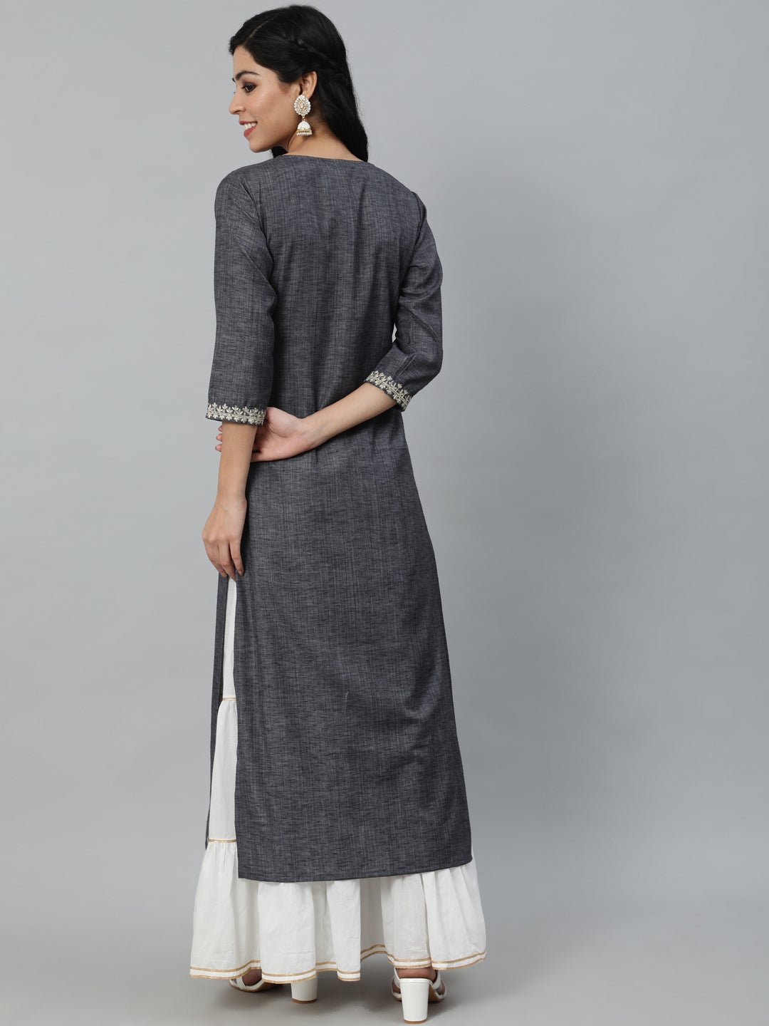 Women Grey Embroidered Straight Kurta With Three Quarter Sleeves | LASVINI - Redefining Indian Fashion with Elegance