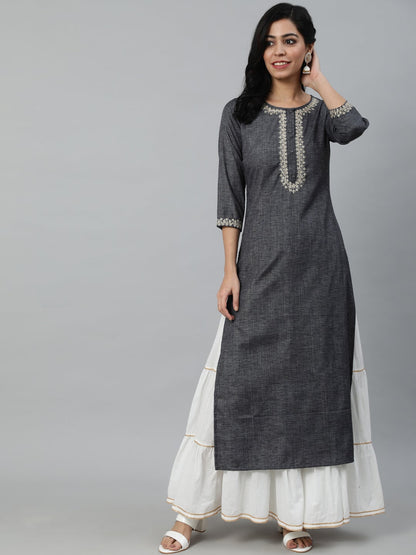 Women Grey Embroidered Straight Kurta With Three Quarter Sleeves | LASVINI - Redefining Indian Fashion with Elegance
