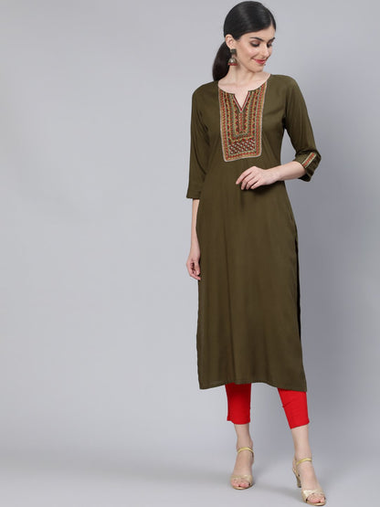 Women Olive Green Embroidered Straight Kurta With Three Quarter Sleeves | LASVINI - Redefining Indian Fashion with Elegance