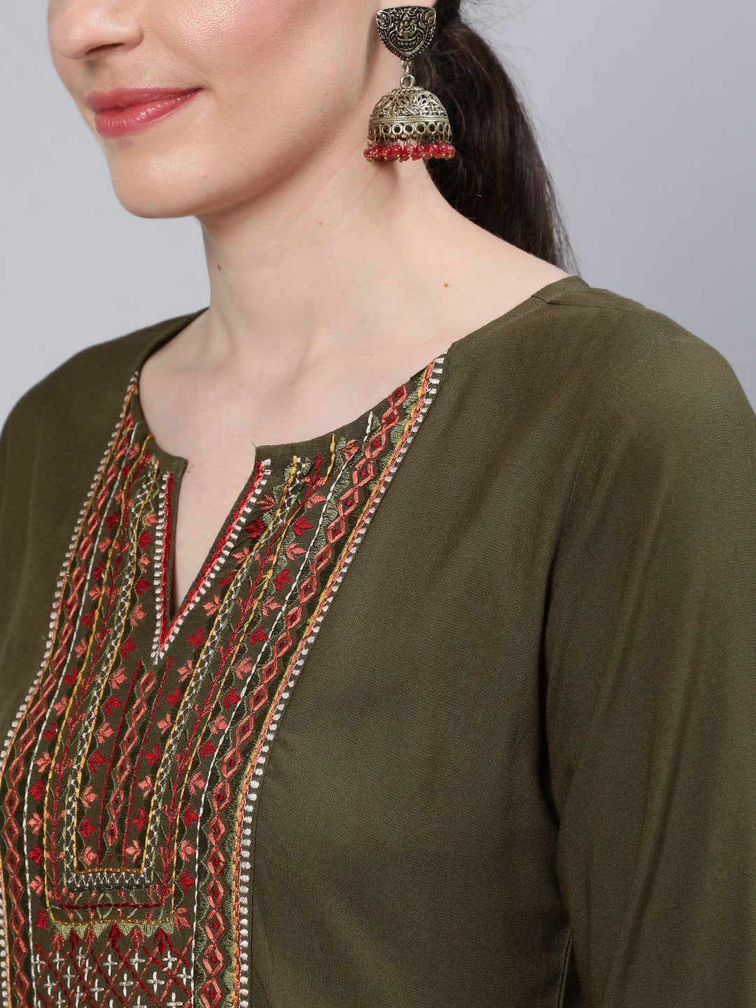 Women Olive Green Embroidered Straight Kurta With Three Quarter Sleeves | LASVINI - Redefining Indian Fashion with Elegance