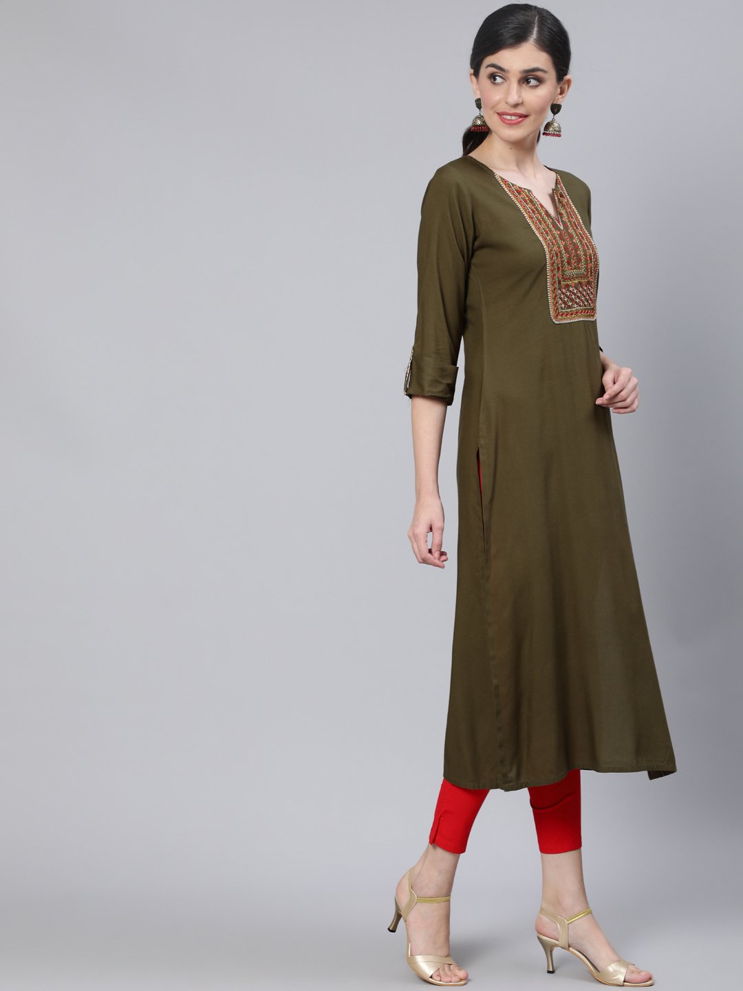 Women Olive Green Embroidered Straight Kurta With Three Quarter Sleeves | LASVINI - Redefining Indian Fashion with Elegance