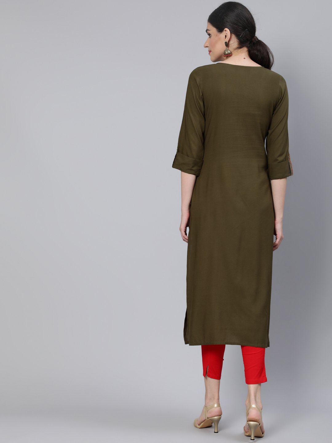 Women Olive Green Embroidered Straight Kurta With Three Quarter Sleeves | LASVINI - Redefining Indian Fashion with Elegance