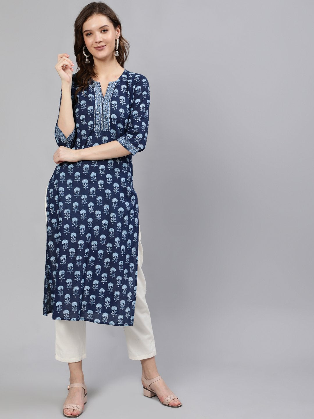 Women Blue Printed Hand Work Straight Kurta With Half Sleeves | LASVINI - Redefining Indian Fashion with Elegance
