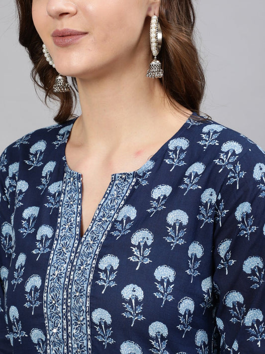 Women Blue Printed Hand Work Straight Kurta With Half Sleeves | LASVINI - Redefining Indian Fashion with Elegance