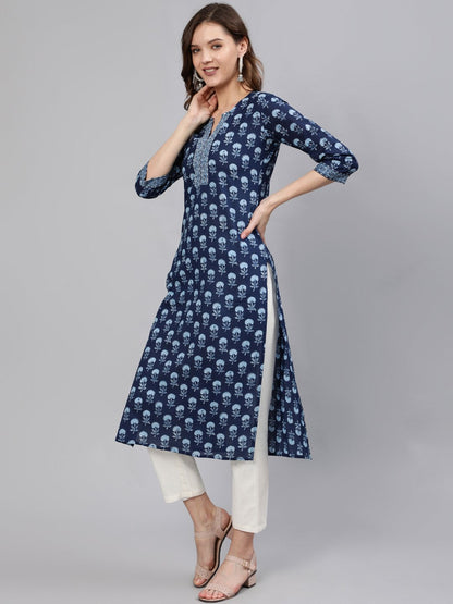 Women Blue Printed Hand Work Straight Kurta With Half Sleeves | LASVINI - Redefining Indian Fashion with Elegance