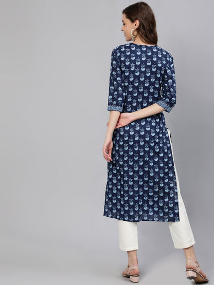 Women Blue Printed Hand Work Straight Kurta With Half Sleeves | LASVINI - Redefining Indian Fashion with Elegance