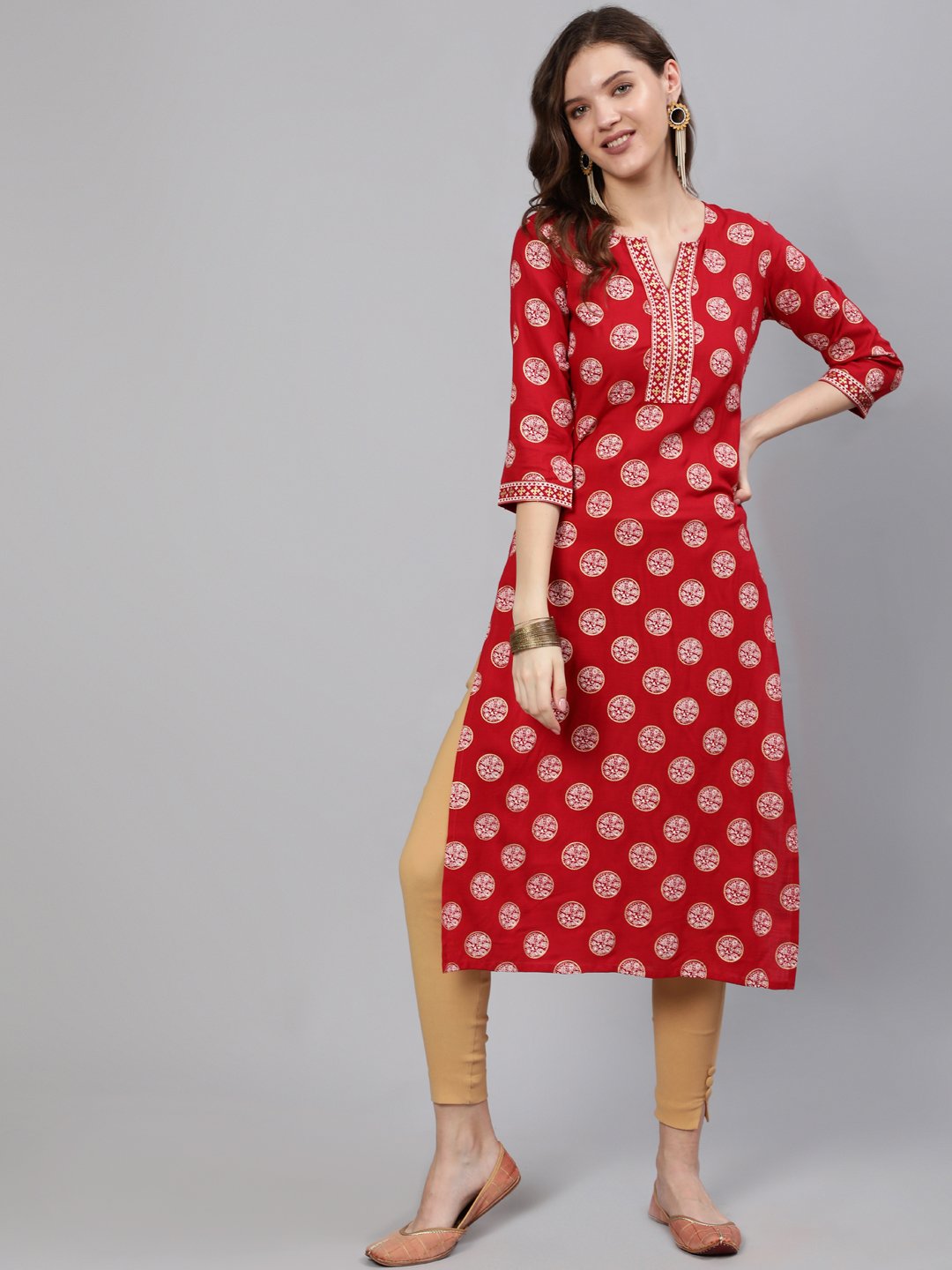 Women Red & Gold Printed  Straight Kurta With Half Sleeves | LASVINI - Redefining Indian Fashion with Elegance