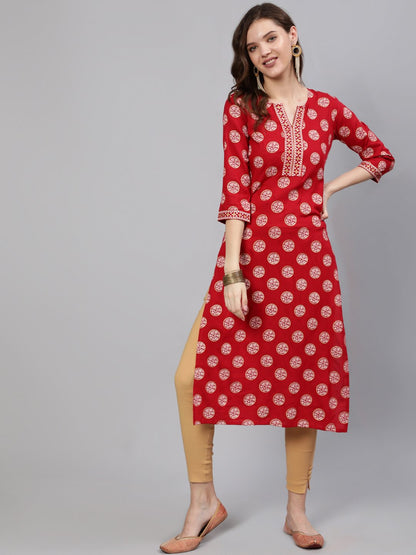 Women Red & Gold Printed  Straight Kurta With Half Sleeves | LASVINI - Redefining Indian Fashion with Elegance