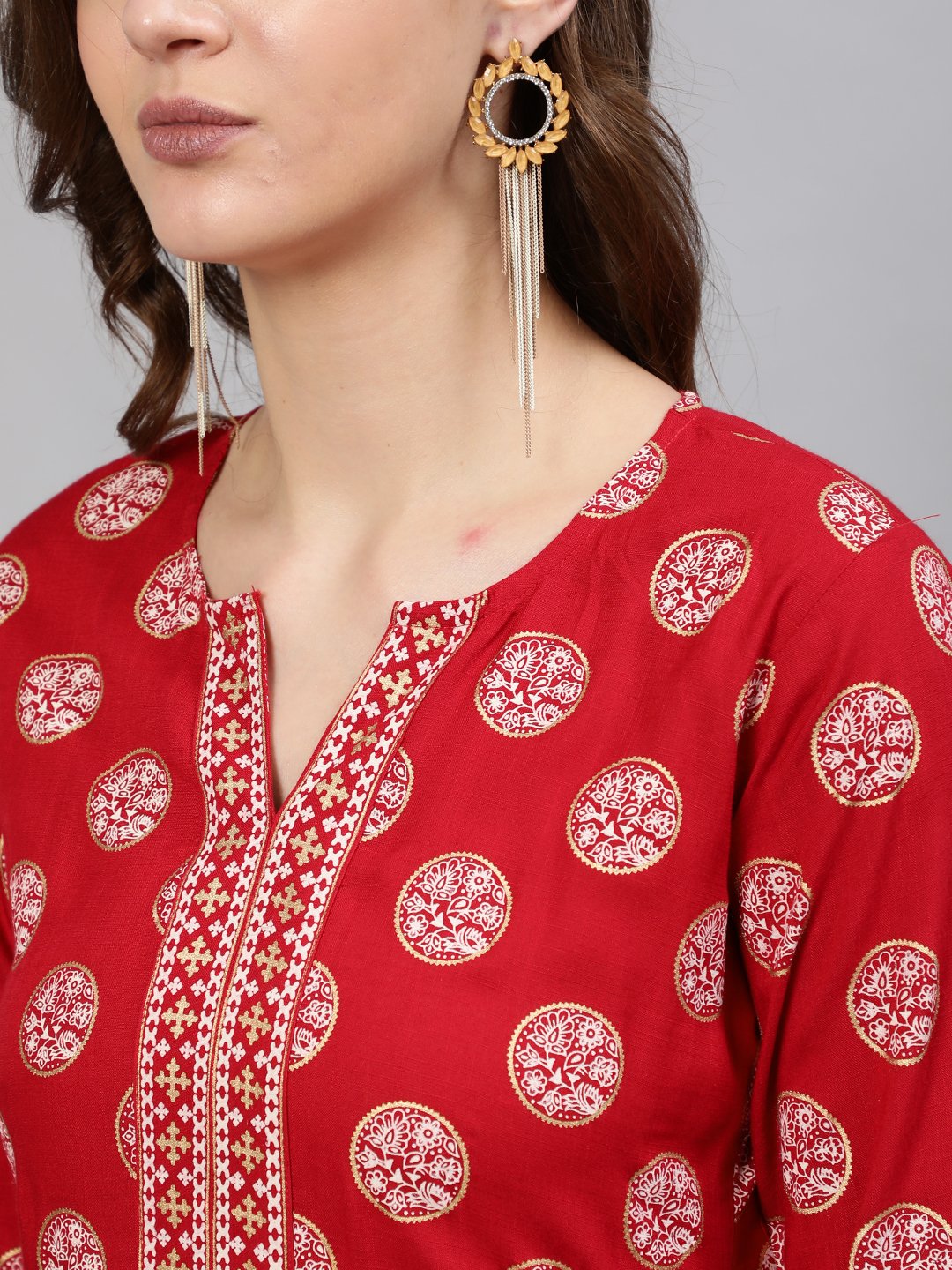 Women Red & Gold Printed  Straight Kurta With Half Sleeves | LASVINI - Redefining Indian Fashion with Elegance
