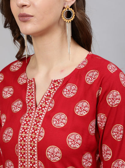 Women Red & Gold Printed  Straight Kurta With Half Sleeves | LASVINI - Redefining Indian Fashion with Elegance