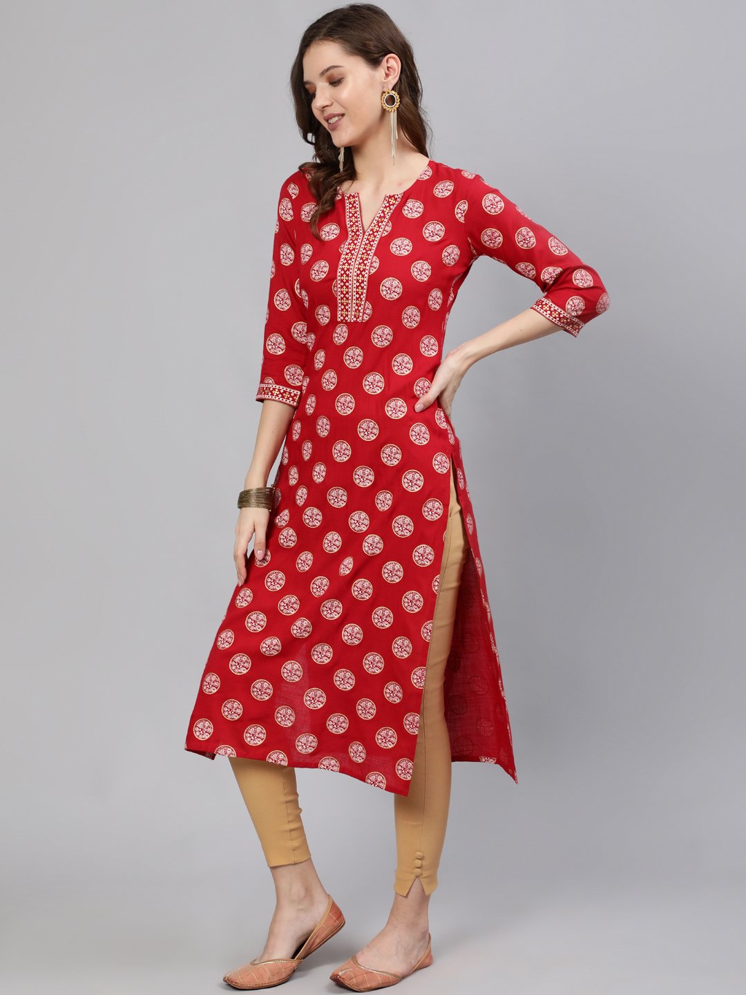 Women Red & Gold Printed  Straight Kurta With Half Sleeves | LASVINI - Redefining Indian Fashion with Elegance