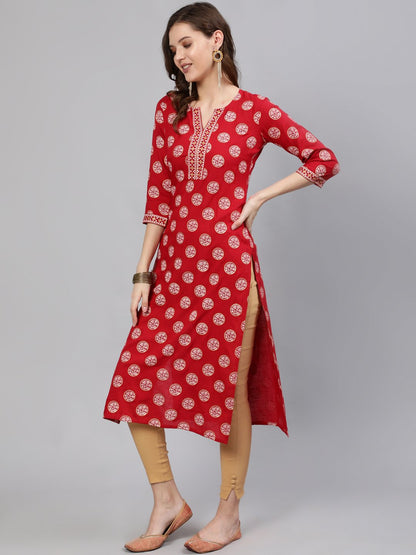 Women Red & Gold Printed  Straight Kurta With Half Sleeves | LASVINI - Redefining Indian Fashion with Elegance