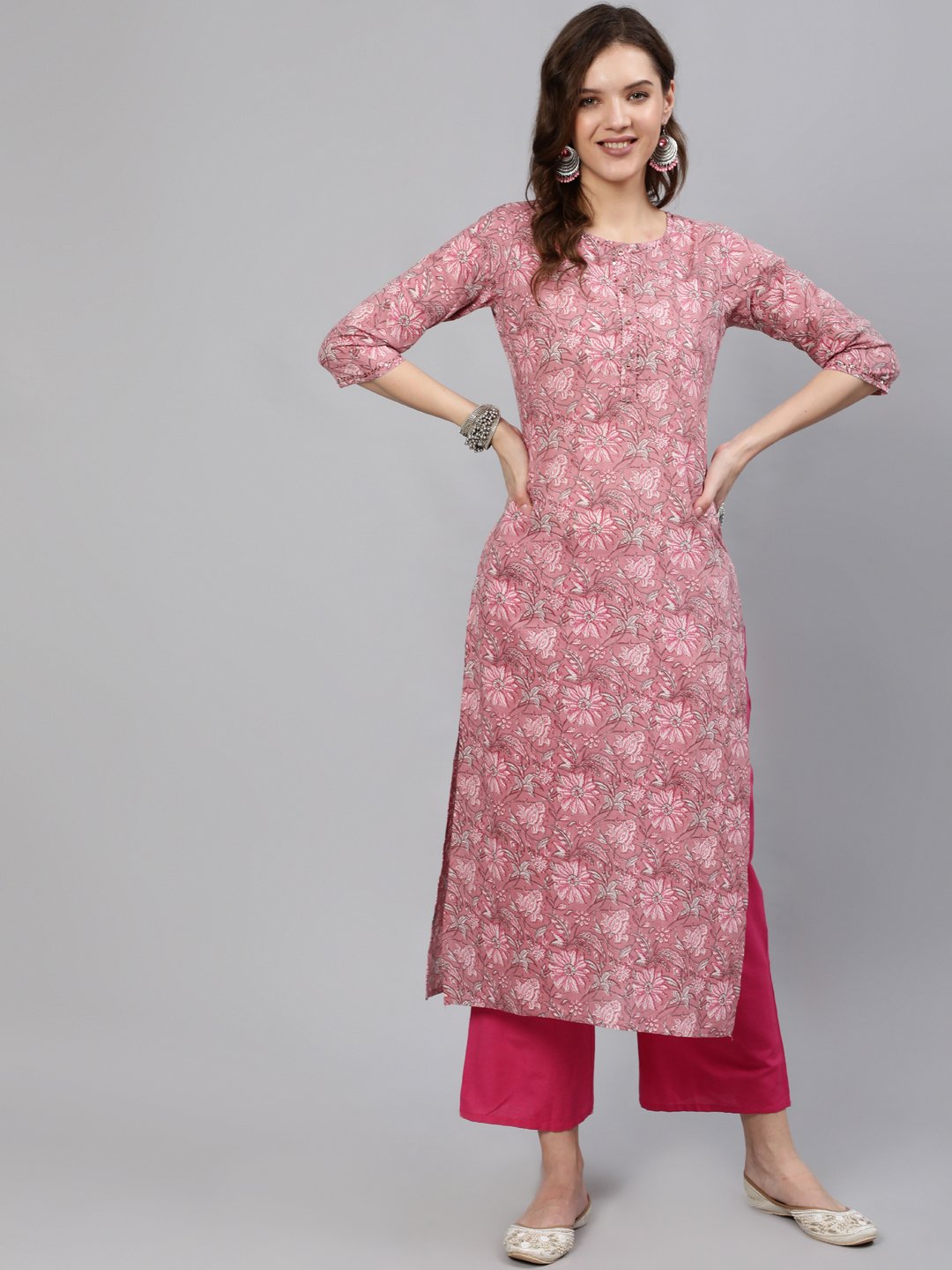 Women Pink Printed Hand Work Straight Kurta With Three Quarter Sleeves | LASVINI - Redefining Indian Fashion with Elegance