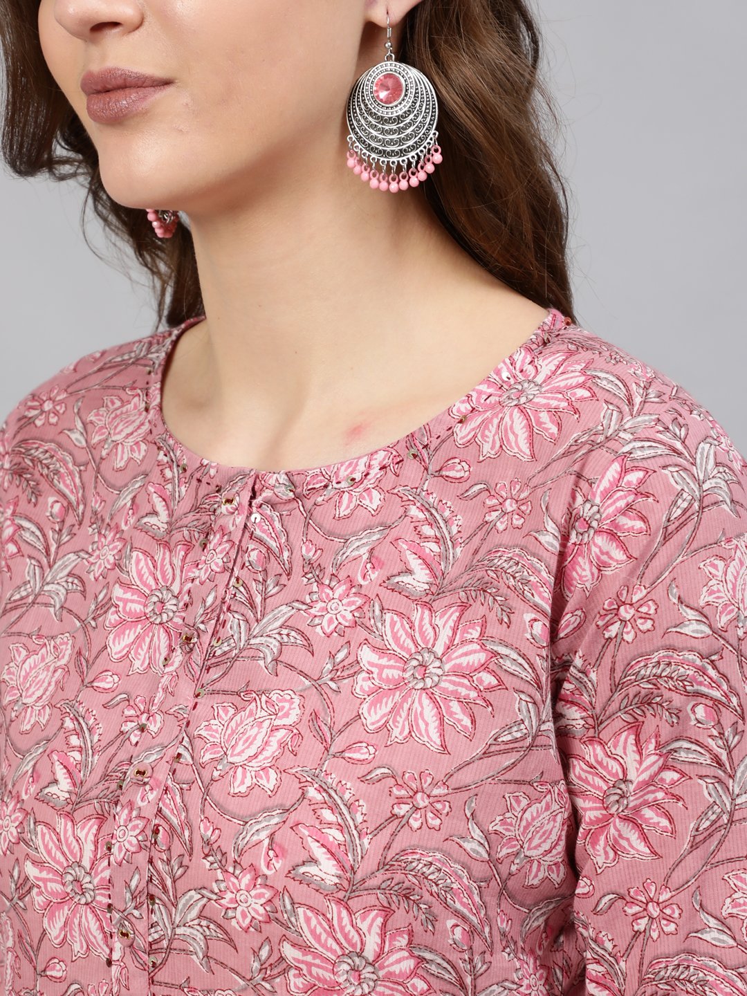 Women Pink Printed Hand Work Straight Kurta With Three Quarter Sleeves | LASVINI - Redefining Indian Fashion with Elegance