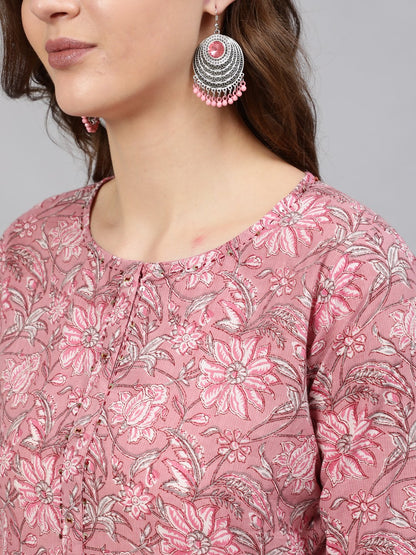 Women Pink Printed Hand Work Straight Kurta With Three Quarter Sleeves | LASVINI - Redefining Indian Fashion with Elegance