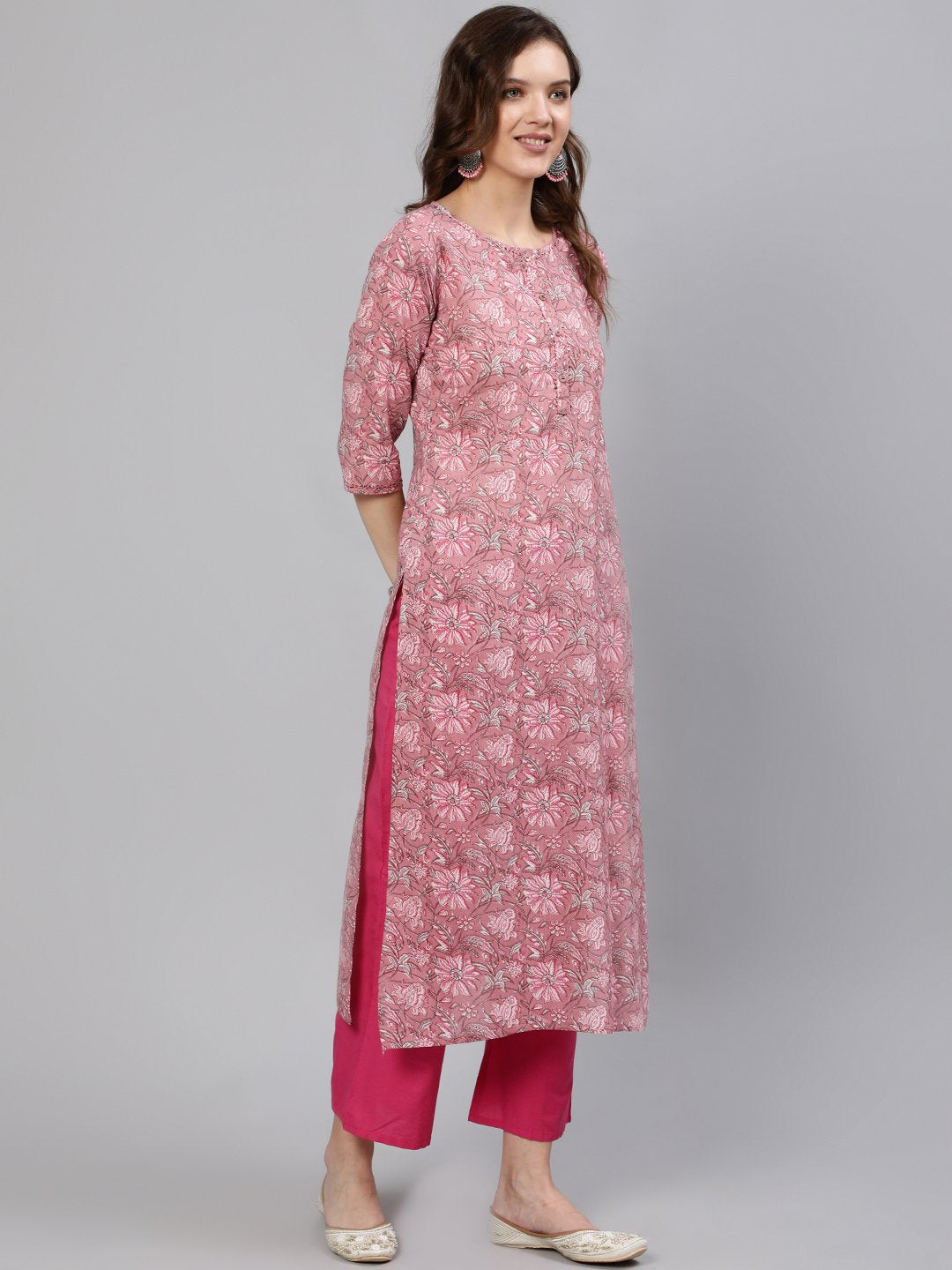 Women Pink Printed Hand Work Straight Kurta With Three Quarter Sleeves | LASVINI - Redefining Indian Fashion with Elegance