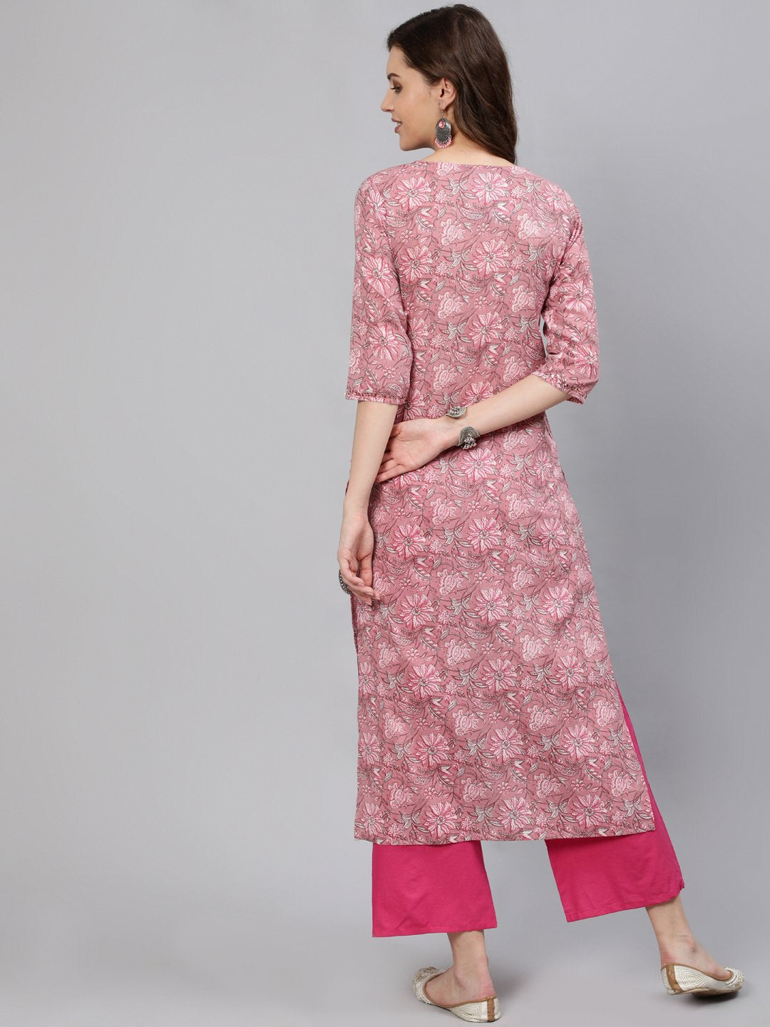 Women Pink Printed Hand Work Straight Kurta With Three Quarter Sleeves | LASVINI - Redefining Indian Fashion with Elegance