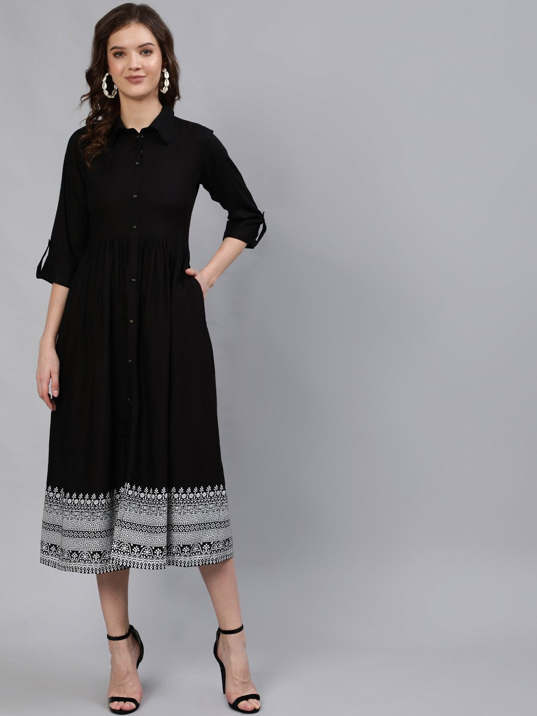 Women Black Midi Dress With Three Quarter Sleeves | LASVINI - Redefining Indian Fashion with Elegance
