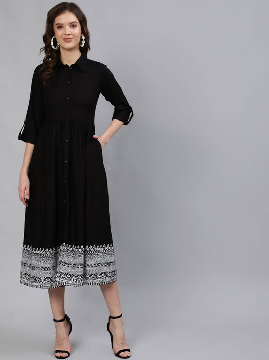 Women Black Midi Dress With Three Quarter Sleeves | LASVINI - Redefining Indian Fashion with Elegance