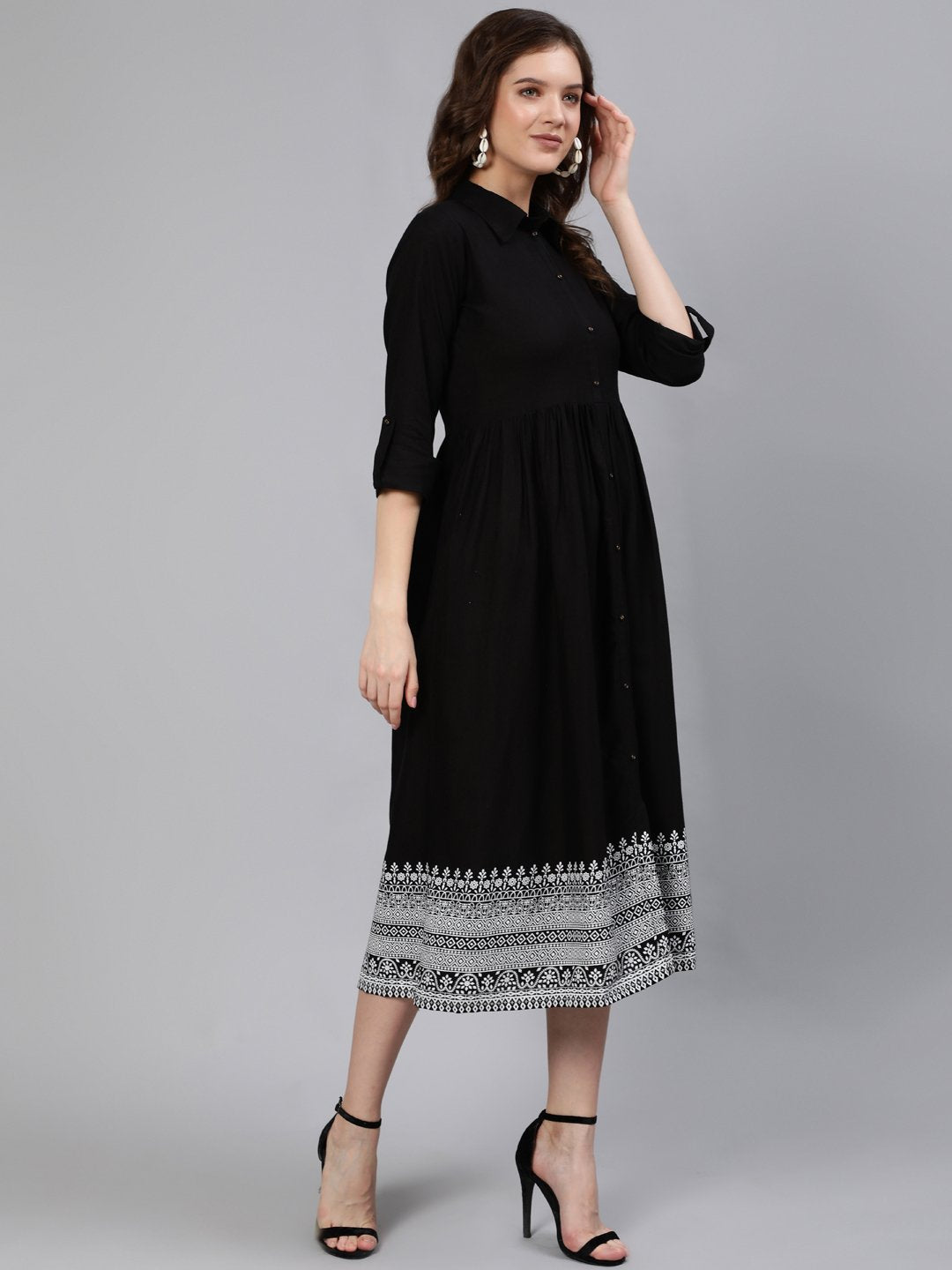 Women Black Midi Dress With Three Quarter Sleeves | LASVINI - Redefining Indian Fashion with Elegance
