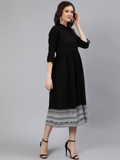 Women Black Midi Dress With Three Quarter Sleeves | LASVINI - Redefining Indian Fashion with Elegance